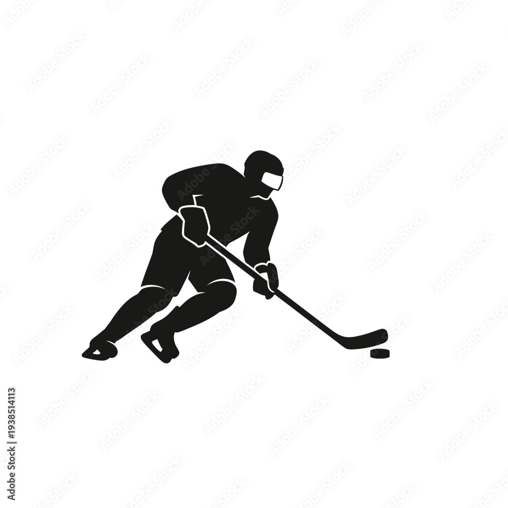 Fototapeta premium Silhouette of hockey player in action on ice rink.