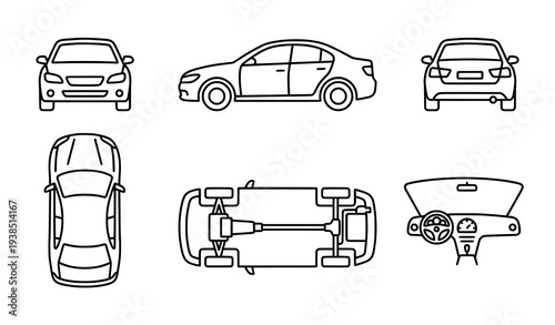 Car linear icon set with front side rear top bottom and interior views editable stroke vector