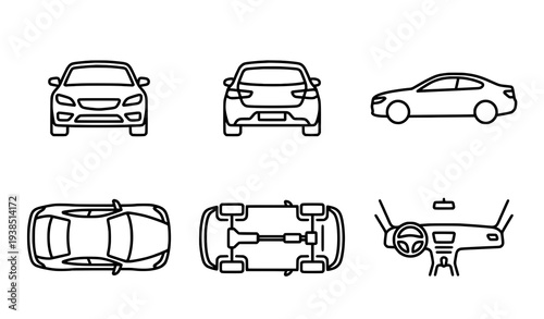 Minimal car outline icon collection with front rear side top bottom and interior views vector