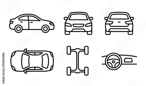 Automobile outline icon set with multiple car views and interior editable stroke vector