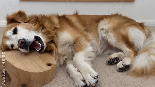 A Serene and Drowsy Golden-Colored Canine Friend Resting Peacefully on the Ground Demonstrating Loyalty and Tender Devotion