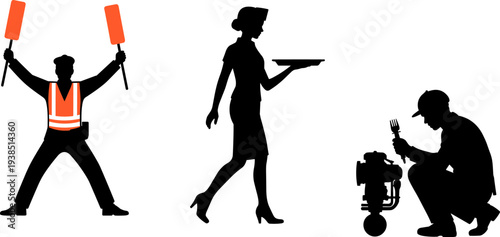 Airport ground crew directing traffic with batons, waitress serving tray, mechanic repairing machine with wrench, diverse professions silhouettes, workforce roles, service industry illustration