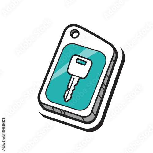 Illustration of access fob with key icon isolated on white background, featuring a turquoise and white color palette, modern style, and minimalistic design
