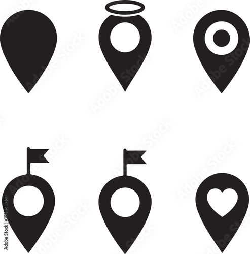 Collection of six black map pin icons with various symbols