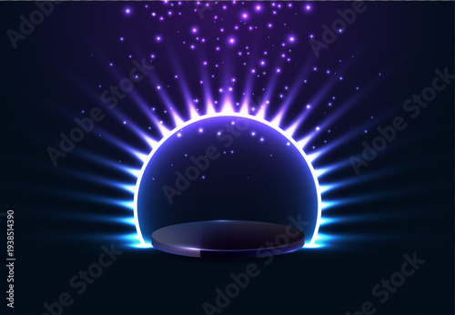 Round glow rays circle night scene black podium, falling sparks or stars. Empty light effect podium. Disco club dance floor. Show party lamp beam stage. Eclipse style purple blue lights
