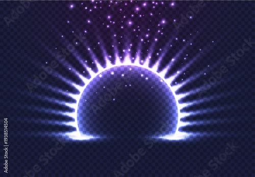 Round glow rays circle night scene overlay transparent background, sparks. Empty light effect translucent podium. Disco club dance floor. Show party lamp beam stage. Eclipse style purple blue lights