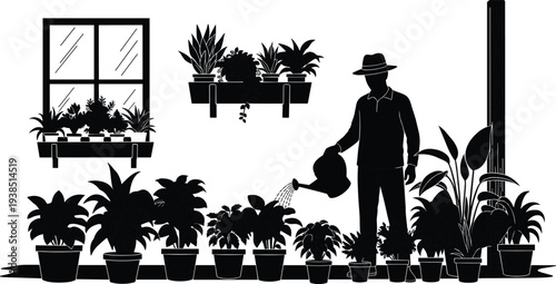 Gardener watering houseplants silhouettes set with indoor plants, window shelf and potted greenery isolated on white background for gardening concept.