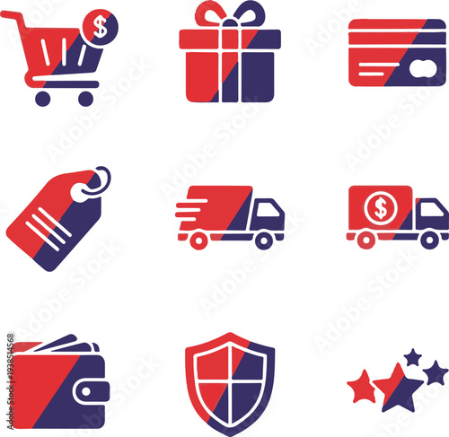 E commerce and shopping icons in red white and blue