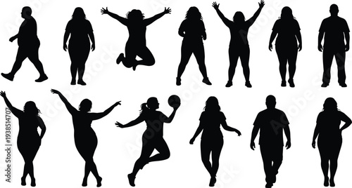Plus size men and women silhouettes collection in different poses walking, jumping and dancing, body positivity, diversity, confidence and inclusive lifestyle concept.
