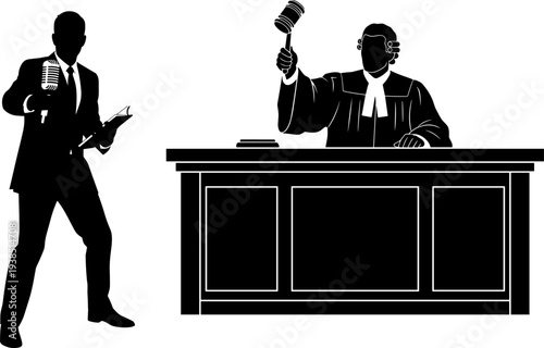 Black and white courtroom silhouette illustration with judge holding gavel and lawyer or reporter standing, justice legal proceedings emblem artwork concept