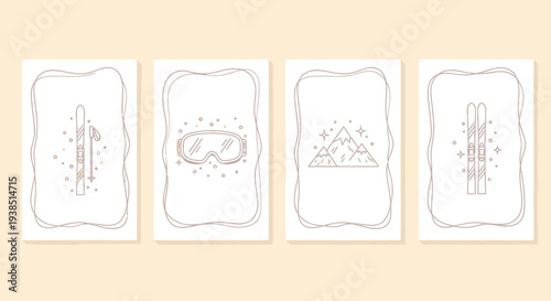 Winter Sports Icons: Skiing, Goggles, Mountains, and Poles - Line Art
