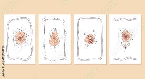 Boho Abstract Floral and Bee Art Prints - Minimalist Line Drawing Collection