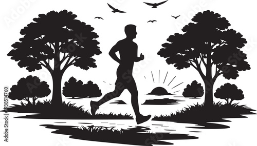 Person Jogging in Park with Trees and Sunrise – Healthy Lifestyle Silhouette Vector Illustration