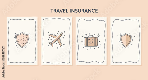 Travel Insurance Icons: Shield, Airplane, Suitcase, Shield - Vector Illustration