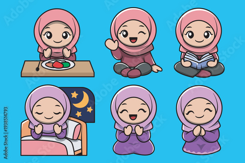 Illustration of a cute Muslim girl doing various activities
