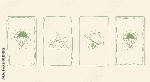 Adventure icons: parachute, mountain, ski helmet, paragliding on cream background