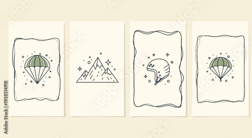 Hand-drawn Adventure Icons: Parachute, Mountains, Ski Helmet, Parachute
