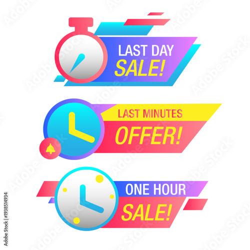 Sale countdown badges vector. Last minute offer banner, one day sales and 24 hour sale promo stickers. business limited special promotions
