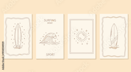 Minimalist Surfing & Beach Themed Line Art Cards - Wave, Sun, Surfboards