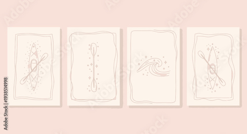 Boho Line Art: Kayak, Paddle, Wave, and Abstract Shapes on Cream Background