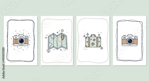 Travel Icons: Camera, Map, Suitcase, Photography, Vacation Planning, Adventure, Exploration