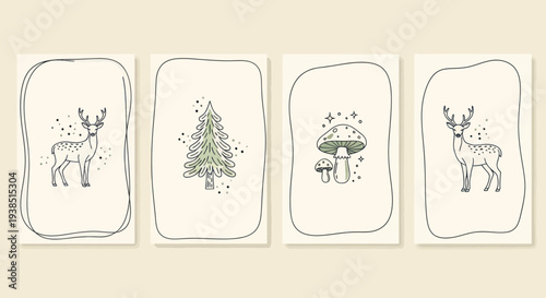 Bohemian Deer, Pine Tree, and Mushroom Illustrations on Cream Background