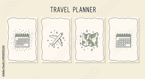 Travel Planner Icons: Calendar, Airplane, Map - Doodle Style