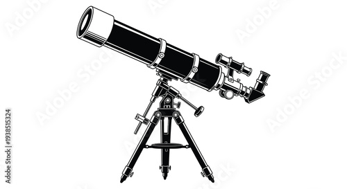 A detailed black and white illustration of a classic refracting telescope on a tripod high quality