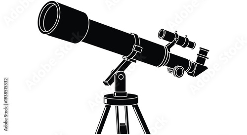 A black and white illustration depicting a classic refracting telescope on a tripod stand high quality