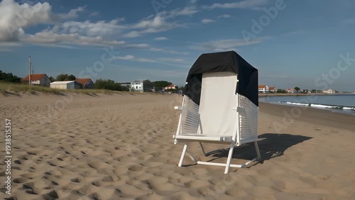 An Unoccupied Hooded Chair Positioned on a Sandy Shore with a Vast Sky Above