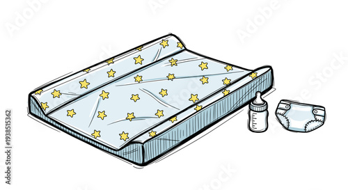 Illustration of a baby changing mat with star pattern isolated on white background, featuring nearby diaper and bottle