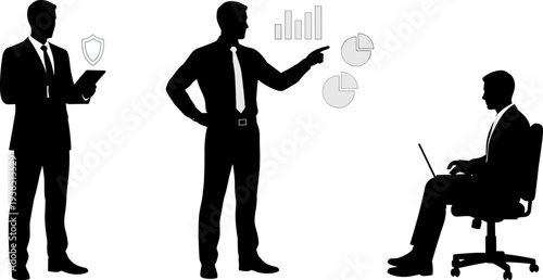 Business professional holding tablet with cybersecurity shield, analyst presenting bar and pie charts, office worker using laptop, corporate roles silhouettes illustration