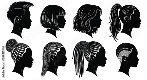Silhouettes of diverse women showcasing varied hairstyles against a stark white background high quality professional detailed