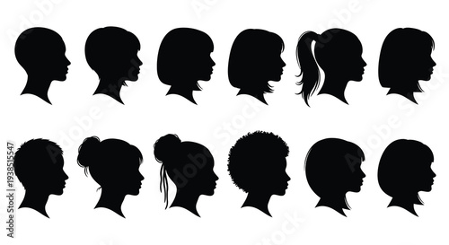 Diverse collection of black silhouette profiles showcasing various hairstyles and facial structures high quality professional detailed