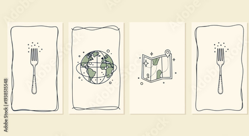 Global Food Travel Concept: Fork, Earth, Map Icons on Cream Background