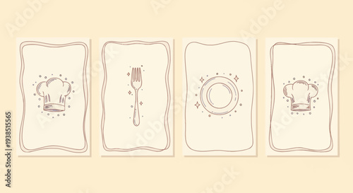 Hand-Drawn Culinary Icons: Chef Hat, Fork, Plate on Beige Background