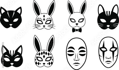 Set of animal and theatrical mask silhouettes including cat and rabbit masks with human face masks, mystery, costume party, carnival and masquerade concept.