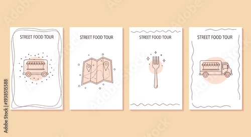Street Food Tour Collection: Food Truck, Map, Fork Icons on Pastel Background