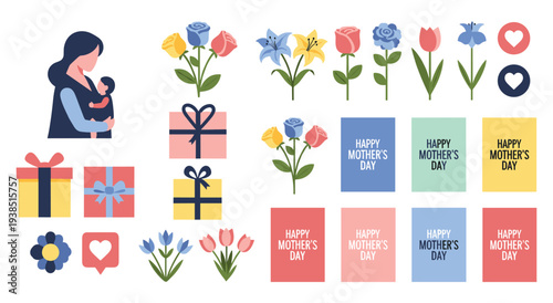 Motherhood and happy mother's day celebration with flowers and gifts