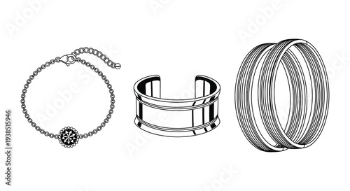 Line art illustration of three different jewelry pieces a bracelet a bangle and a chain