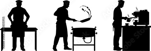 Chef kneading dough on kitchen table, cook tossing food in frying pan, barista operating coffee machine pouring beverage, culinary silhouettes illustration