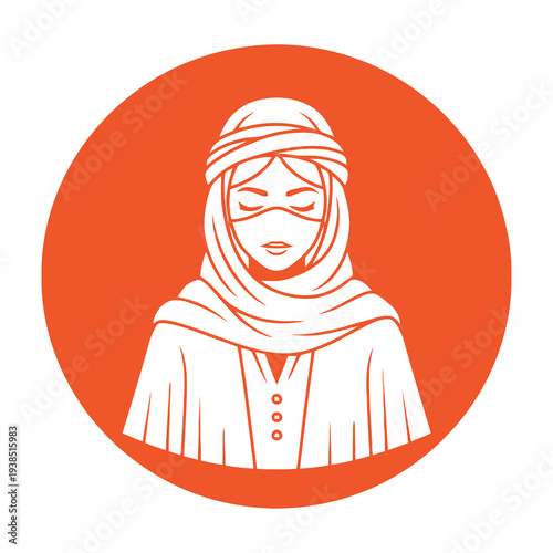 Woman wearing a traditional headscarf and cloak stands confidently against a bold orange circular background