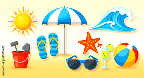 A vibrant beach scene showcasing leisure items and accessories, viewed from directly above on a sunny day with clear sky and calm waves.