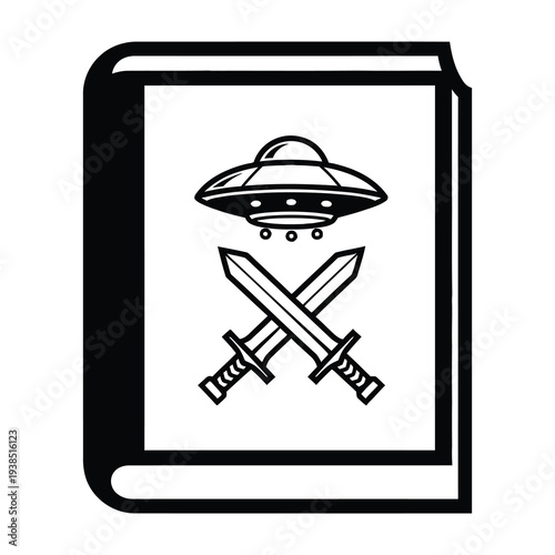 Black book with white cover featuring ufo and crossed swords symbols illustration