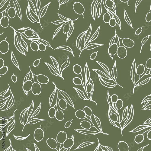 Seamless pattern featuring olive branches and olives on a muted green background. The design showcases various olive shapes and leaves in a repetitive layout.