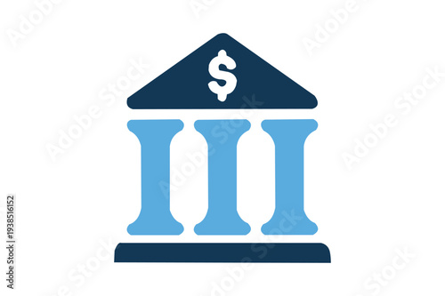 A simple icon of a building with columns and a dollar sign on the roof. Resizable and Editable. EPS, 10.