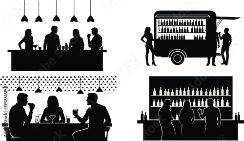 Bar and nightlife silhouettes collection with people drinking cocktails at counter, bartender service, mobile bar truck, social gathering, party lifestyle and entertainment concept.