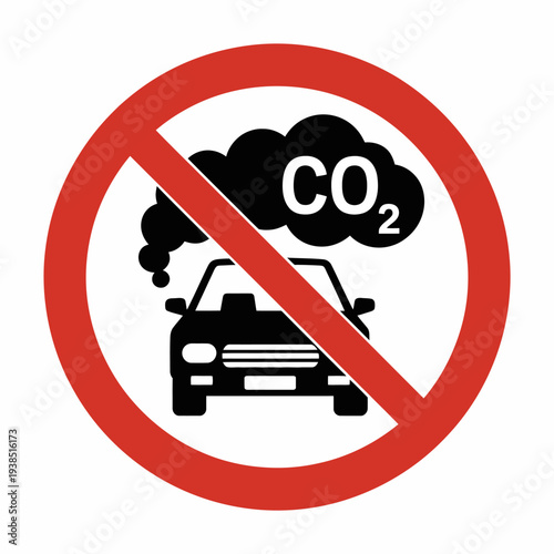 No carbon dioxide emissions from cars sign  prohibition symbol with vehicle and smoke