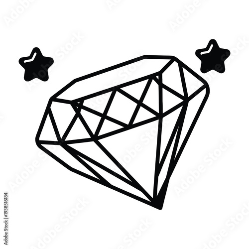 Shimmering diamond gemstone sparkles with brilliance and clarity accented by two black stars in a minimalist hand drawn style