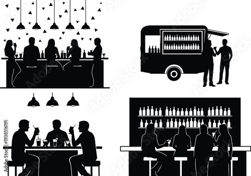 Bar and nightlife silhouettes collection with people drinking, cocktail bar counter, friends socializing and mobile drink truck isolated on white background.